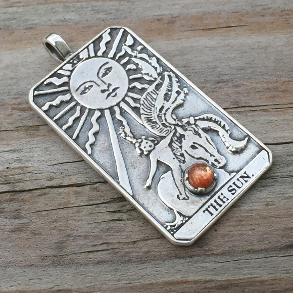 Sun Tarot Card Pendant .925 Sterling Silver w/ genuine Sunstone gem Made in USA - Picture 2 of 16